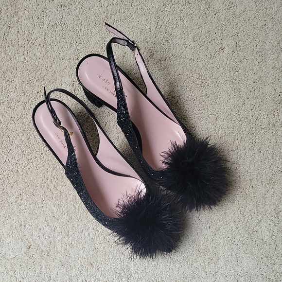 Kate Spade Black Glitter Heels With Feather Pom Pom Women Size‎ 6.5 - Picture 2 of 10